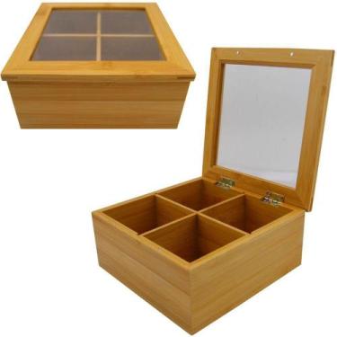 Imagem de Caixa organizadora multiuso de madeira com 4 divisorias + tampa 20x9cm