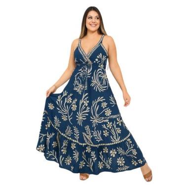 Imagem de Vestido Feminino Vih Triny Indiano Longo Estampado Luxo, Azul, G