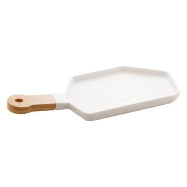 Imagem de Petisqueira Porcelana c/Cabo Bambu Branco Matt 40x19x2cm - Bon Gourmet