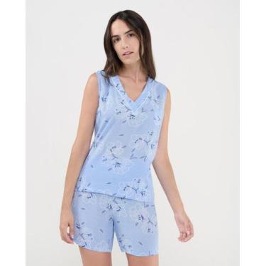 Imagem de Pijama Feminino Curto com Decote V e Floral Azul Celeste Lohe, Azul ce