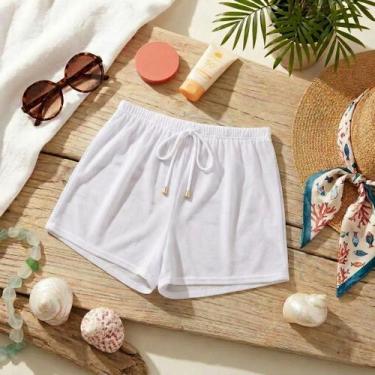 Imagem de Short Saída de Praia Feminino Crepinho Cordão Pingente Cor:BrancoTaman