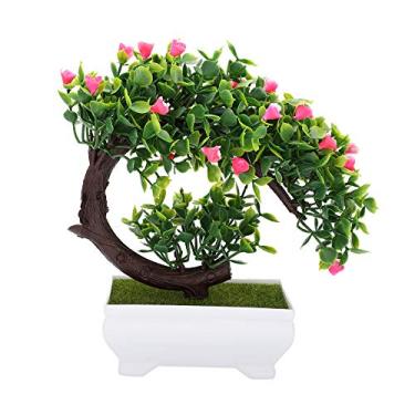 Imagem de Flor falsa, flor artificial em vaso de plástico colorido vibrante Bonsai flor falsa Flor falsa em vaso, para escritório doméstico amigo da família(cor de rosa, lua crescente)