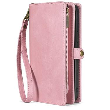 Imagem de Capa carteira para Google Pixel 6/6 Pro, capa flip magnética destacável de couro PU com alça de cordão com zíper para cartão de celular, rosa, 6 polegadas