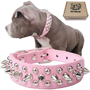 Imagem de TEEMERRYCA Coleiras de cachorro de couro ajustáveis cravejadas com um presente de bola de guincho para pequenos animais de estimação médios grandes como gatos/buldogue / pugs/husky, rosa, G (38-47 cm)
