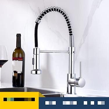 Imagem de Torneira de cozinha estilo primavera preta montada 360 graus rotação pia torneira misturador quente e frio pull down pulverizador torneiras, cromo, China