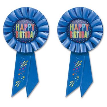 Imagem de Beistle 2 peças de tecido de cetim Happy Birthday Rosette Award Fitas lembrancinhas de festa suprimentos e decorações, 16,5 x 8,2 cm, multicolorido