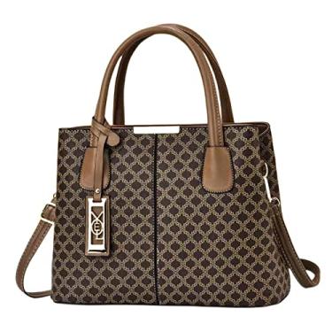 Imagem de Bolsa de mão clássica da moda para mulheres bolsa transversal de couro com alça superior xadrez grande bolsa com zíper, Marrom