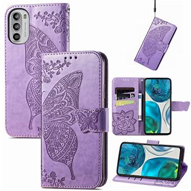 Imagem de Capas de telefone borboleta em relevo compatíveis com Motorola Moto G52 G 52 capa de couro fashion slots para cartão de visita clipe de carteira capa de telefone à prova de choque (roxo claro, Motorola Moto G52)