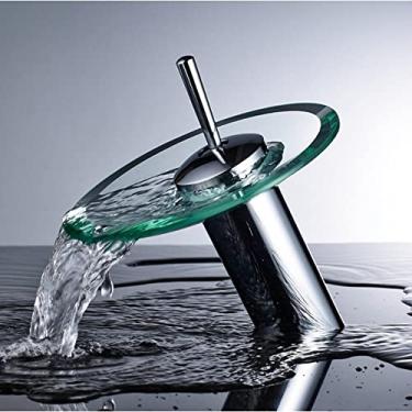 Imagem de Torneira de lavatório com bico em cascata de vidro Torneira de água quente e fria montada no convés Torneira misturadora de banheiro de manípulo único, Cromo curto A