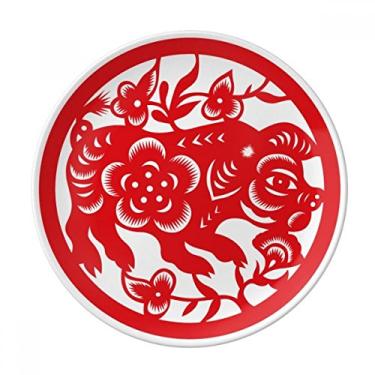 Imagem de Prato de arte de porco cortado em papel do zodíaco chinês decorativo de porcelana Salver louças de jantar