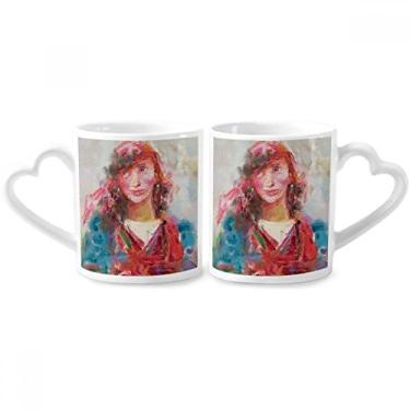 Imagem de Conjunto de canecas de porcelana para casal com pintura a óleo XJJ Red Scarf Girl
