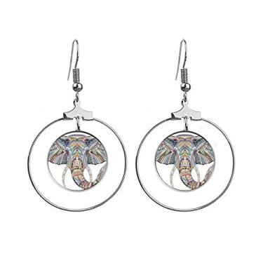 Imagem de Brincos com design de elefante colorido estilo mosaico, argola pendurada, joia circular