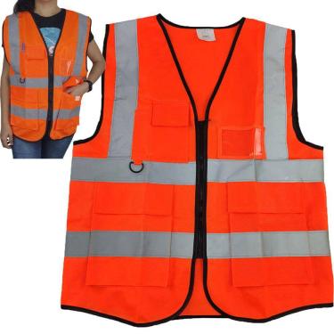 Imagem de Colete Faixa Sinalizador Blusao Fluorescente EPI Segurança Trabalho Obra Estacionamento Construçao Guarda Ziper Bolso Porta Cracha Caneta