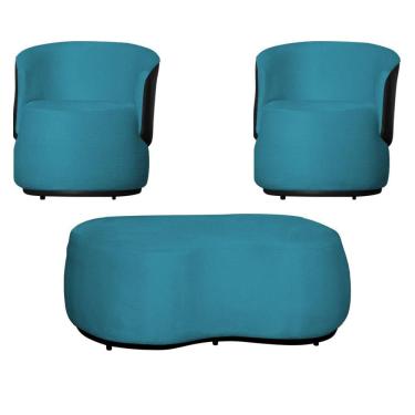 Imagem de Kit 2 Poltronas Decorativas e 1 Puff Grande Estilo Orgânico Beatriz Suede Composê Corino Preto - Estopar