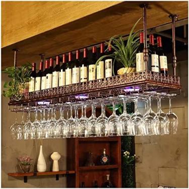 Imagem de Rack De Vinho Pendurado No Teto Com Luzes De Néon Suporte Para Copos De Vinho Suporte De Garrafa De Vinho De Metal Decoração Rack De Copos De Vinho Expositor Vintage Suporte De Armazenamento De Vi