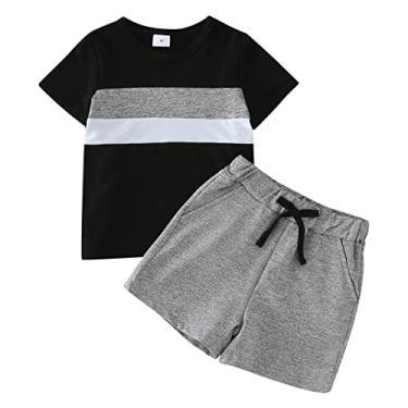 Imagem de Conjunto curto para meninos de manga curta patchwork cor bolso tops shorts duas peças conjunto para meninos roupa com laço, Cinza, 4-5 Years