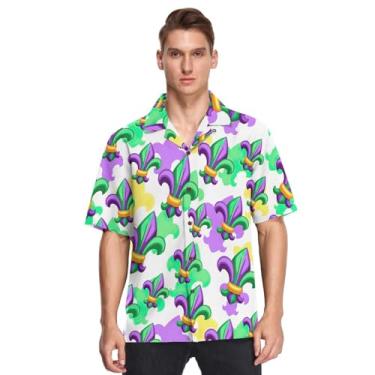 Imagem de Camisetas masculinas havaianas de manga curta com botões Carnaval Carnaval Roxo Feriado Flor De Lis Contas Estrela Elegante Camisas, Flor de Lis Mardi Gras Roxo Verde, XXG