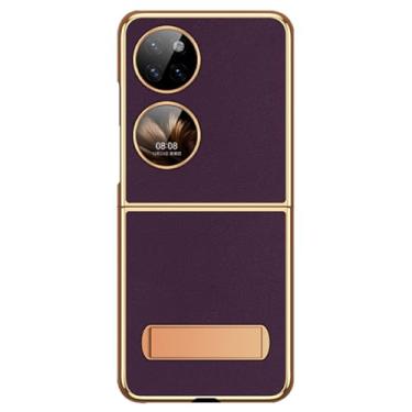 Imagem de HAZARA Capa de couro real para Huawei Pocket 2, capa de couro de vaca com borda dourada com suporte à prova de choque ultrafina, roxa