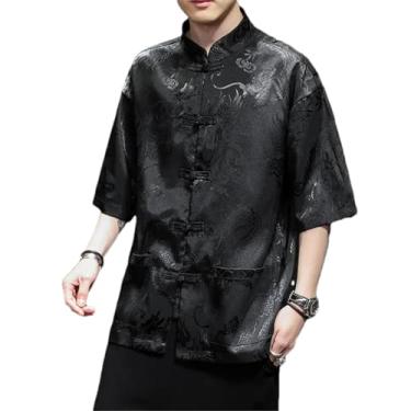 Imagem de Vestido tradicional de verão estilo chinês bordado dragão camisa masculina roupas gelo seda manga curta tops vintage, Preto, G