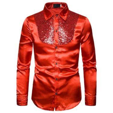 Imagem de Camisa social masculina de cetim de seda com lantejoulas brilhantes manga longa abotoada camisa masculina festa discoteca cantor baile, Vermelho, GG