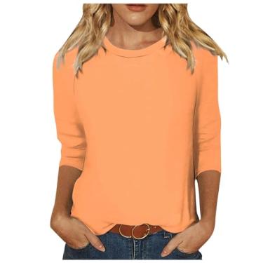 Imagem de Camisetas femininas de verão 2024, folgadas, gola redonda, casual, leve, cor sólida, confortáveis, fofas, camisetas de manga 3/4, Ofertas flash laranja, XXG