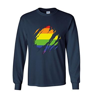 Imagem de Tee Hunt Camiseta de manga comprida com bandeira do arco-íris do orgulho gay rasgado LGBTQ Love Wins, Azul-marinho, G