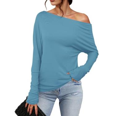 Imagem de Meetrendi Camiseta feminina assimétrica de manga comprida moderna sexy com ombro de fora 2024 camiseta túnica casual solta lisa, Azul ardósia, M