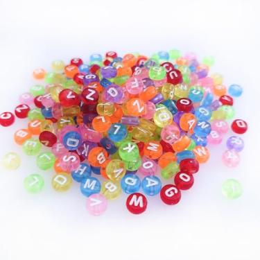 Imagem de 500 peças de 4 x 7 mm de contas coloridas redondas de acrílico com letras do alfabeto A-Z contas soltas em forma de plástico mistas para fabricação de joias, pulseiras, colares e chaveiros (branco em colorido)