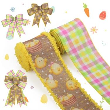 Imagem de ALIBBON 2 rolos 6,3 cm × 5 m fita de Páscoa pintinho de páscoa fita com fio rosa verde amarelo Buffalo xadrez para guirlanda de primavera, artesanato faça você mesmo, laços, embrulhos de presentes,
