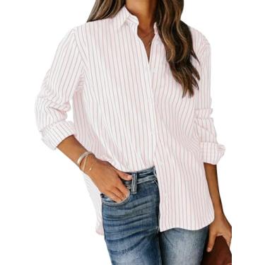 Imagem de siliteelon Camisas femininas de botão listradas de algodão camisa social manga longa gola trabalho escritório blusas tops - rosa claro e branco G, Rosa claro e branco, G