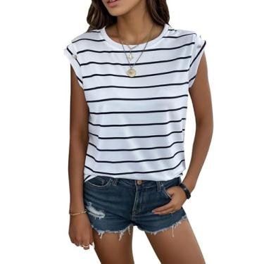 Imagem de Camiseta feminina de manga curta listrada verão gola redonda casual básica túnica tops 2024, Branco, M