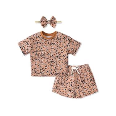 Imagem de PATPAT Conjunto de shorts de verão para meninas, camiseta de leopardo, 2 peças, roupas com bolsos, faixa de cabeça de 2 a 6 anos, Marrom café, 3 Anos