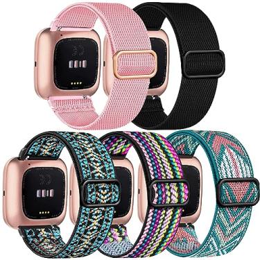 Imagem de Chinber Pacote com 5 pulseiras para Fitbit Versa 2/Fitbit versa 2, pulseira esportiva de nylon macio ajustável para relógio inteligente Fitbit Versa feminino e masculino, arco-íris/flecha/boho/preto