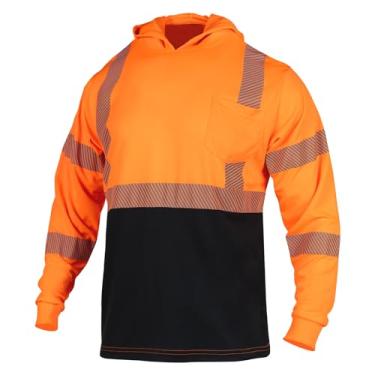 Imagem de FONIRRA Camisetas de manga comprida refletivas de alta visibilidade com capuz para homens Trabalho de construção ANSI Classe 3, Moletom com capuz laranja, 3G