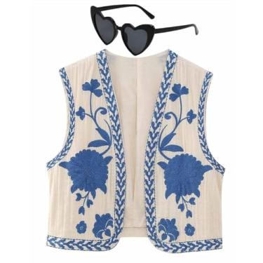 Imagem de Colete bordado feminino vintage bordado floral colete aberto frente blusa cortada colete (Color : J, Size : X-Large)