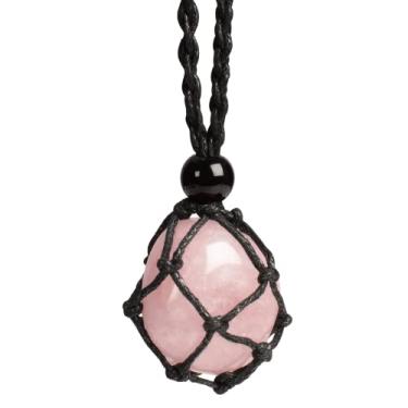 Imagem de weryerker Colar com pingente de cristal de pedra preciosa natural cru colar de pedra trançado à mão comprimento ajustável adequado para mulheres e homens., Pedra, Quartzo rosa polido