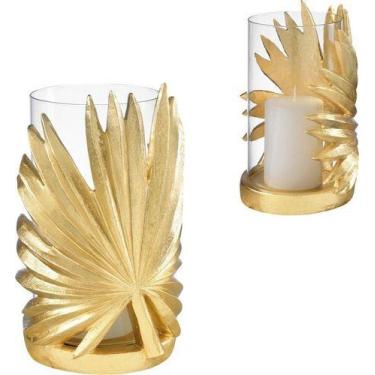 Imagem de Castiçal De Vidro Porta Velas Folha Palmeira Dourada 24 X 16 - Vachero