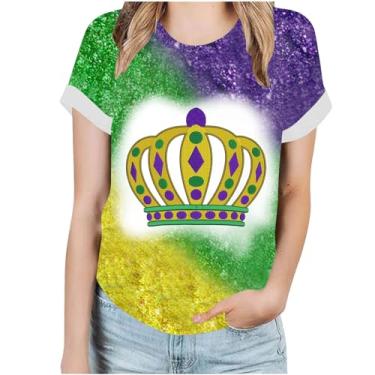 Imagem de Camiseta feminina Mardi Gras de manga curta estampada camisetas de férias camisetas casuais folgadas blusas de carnaval, A04#multicor, 5G