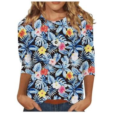 Imagem de MaMiDay Camisetas femininas de botão com manga 3/4, blusas elegantes de verão, estampas florais, túnicas folgadas, A01# Multicolorido, 3G