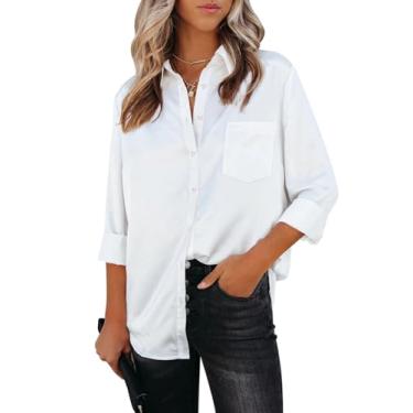 Imagem de Aoudery Camisas femininas de botão, manga comprida, gola sem rugas, gola V, trabalho, escritório, túnica de chiffon, Branco, 4G