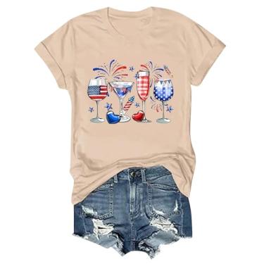 Imagem de Camisetas patrióticas femininas 4 de julho 2024 manga curta gola redonda bandeira dos EUA túnicas gráficas engraçadas taça de vinho, Bege, GG