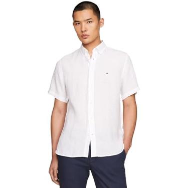 Imagem de Tommy Hilfiger Camisa de linho de manga curta com botões em modelagem regular masculina, Branco óptico, P