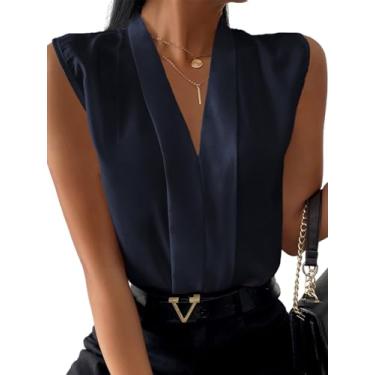 Imagem de LYANER Blusa feminina elegante com gola V plissada sem mangas chiffon para trabalho, Azul marinho, G