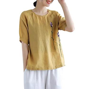 Imagem de Blusa feminina de linho para mulheres, manga curta, gola redonda, algodão, bordada, casual, Amarelo, GG