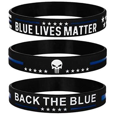 Imagem de Sainstone Blue Lives Matter Thin Blue Line Pulseiras da polícia com bandeira americana com caveira do Justiceiro - Conjunto de pulseiras de borracha de silicone Back The Blue - Presentes de apoio à polícia para policiais