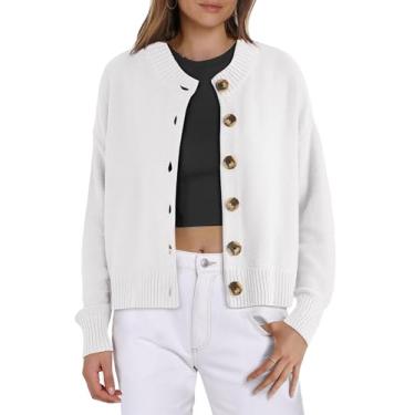 Imagem de ioiohahaun Cardigã feminino de tricô, suéter aberto na frente, abotoado, manga comprida, jaqueta cropped, Branco, G