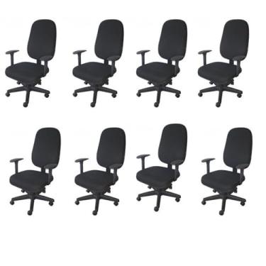 Imagem de Kit 8 Unidades Cadeira Escritório Secretária Giratória com Braço Regulável em Couro Preto