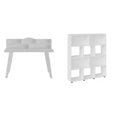 Imagem de Kit 2 Peças com Escrivaninha 120cm e Estante para Livros com 10 Nichos Branco