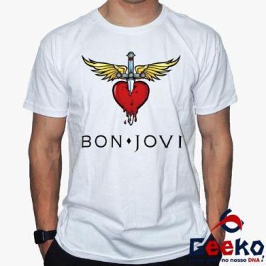 Imagem de Camiseta Bon Jovi 100% Algodão Rock Geeko, Branco gola careca, G