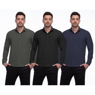 Imagem de Camisa Social Masculina Manga Longa Lisa Punhos Kit 3 Verde/Azul GG - 